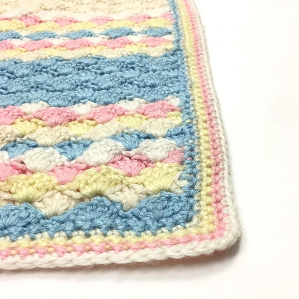 Pastel White Yellow Blue Pink Baby Blanket Lap Afghan Crocheted 35‎ x 44 inches